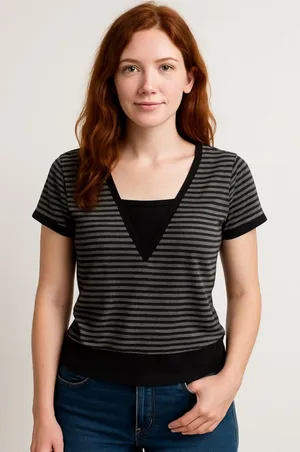 Romwe Black Gray Striped Short Sleeve Tee Shirt Large thumbnail 1