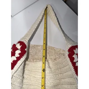 Crochet Granny Square Shoulder Tote Bag Red Beige Handmade Afghan Boho L‎ thumbnail 10