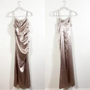 NWT Birdy Grey Lydia Bridesmaid Dress Shiny Satin Taupe XS thumbnail 3