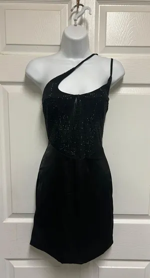 UNBRANDED Black Double One Shoulder Strap Rhinestone Mini Corset Slip Dress thumbnail 3