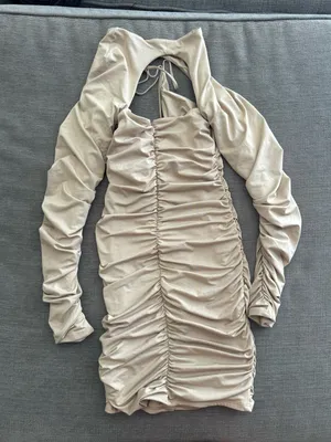 Oh Polly Beige Ruched Cutout Long Sleeve Mini Dress thumbnail 5