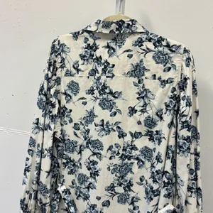 H&M Floral Cotton Shirt Tunic Dress XL Button Down Long Sleeve Belted Blue White thumbnail 6