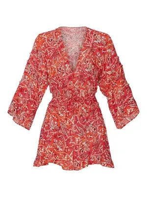 IRO Rhodey Frayed Ruffle Trim Crepe Playsuit 44 Red Romper Floral 12 Loose Fit thumbnail 13