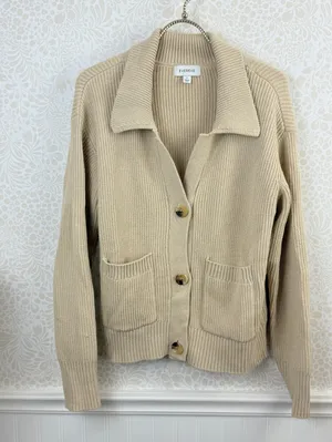 Evereve Beige Button-Up Knit Ribbed Collared Cardigan Sweater - Size - Small thumbnail 2