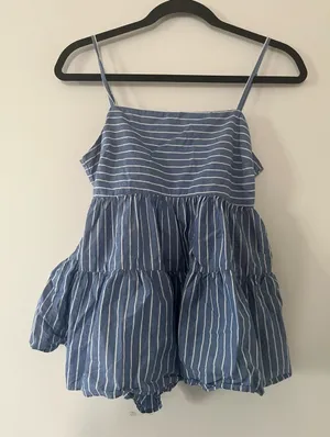 American Eagle Blue White Stripe Poplin Peplum Top Small 100% Cotton Coastal thumbnail 1