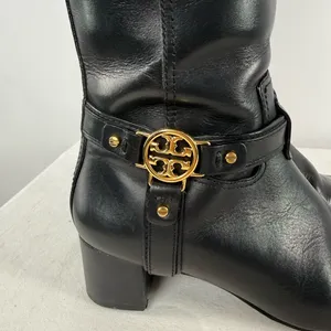 Vintage Y2K Tory Burch Leather Gold Logo Knee High Heeled Boots in Black Size‎ 7 thumbnail 3
