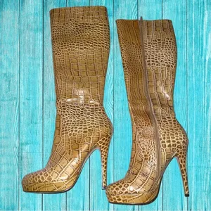 Charles by Charles David tan faux animal print knee high side zip boots thumbnail 2
