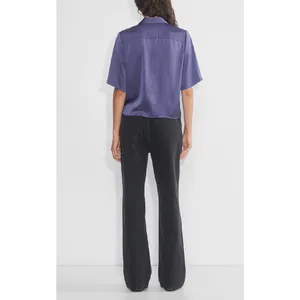 Wilfred Aritzia Beso Satin Shirt Nightshade Blue Short Sleeve Button Down M thumbnail 2
