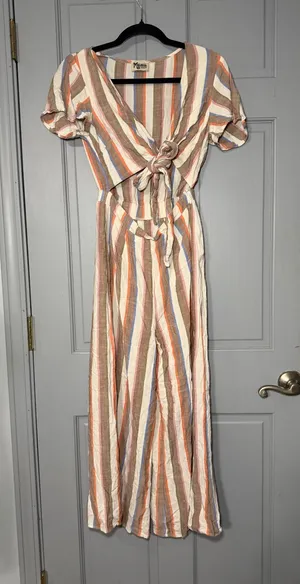 Show Me Your MuMu Striped Tie-Front Jumpsuit in Cream, Rust, Blue, Olive thumbnail 1