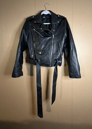 Zara Women's Black Faux Leather Biker Jacket with Belt thumbnail 1