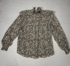 Ann Taylor Factory Womens M Tan Floral Ruffle High Neck Long Sleeve Blouse Top thumbnail 1
