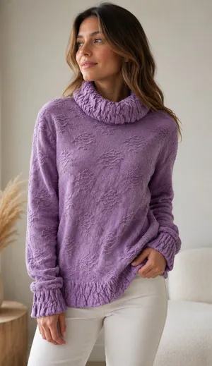 Kuna 100% luxury baby Alpaca cowl neck sweater top purple/lilac/Lavender ruffle textured knit Size S thumbnail 1