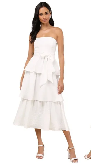 Lulus Truly Marvelous White Jacquard Strapless Tiered Midi Dress M thumbnail 1