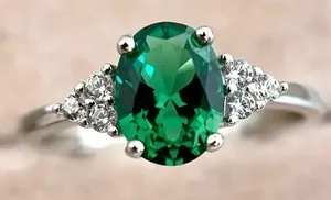 Ladies’s Stainless Steel Silver Oval Gemstone Ring Size 7 Green thumbnail 1