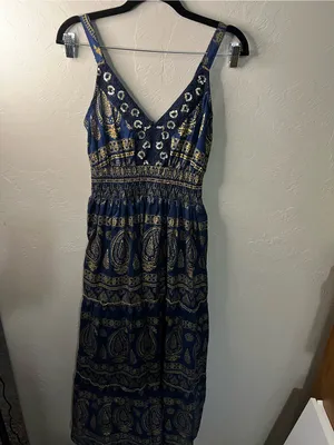 Me 2 Magic Navy Gold Sequin Paisley Smocked Boho Festival Maxi Dress thumbnail 2