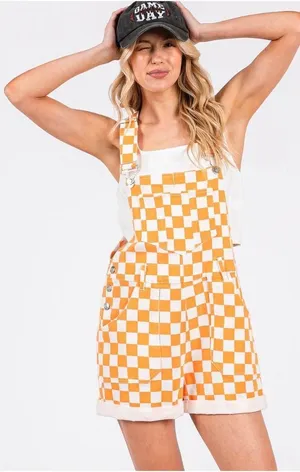 Orange & White Checkered Romper Overalls thumbnail 1