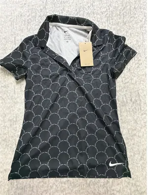 Nike‎ Womens Dri-FIT Golf Polo Shirt Black White Scallop Logo FB8527-010 XS thumbnail 1
