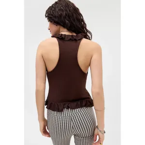 Kimchi Blue UO Womens Brown Trim Boho Fairycore Solise Ruffle Knit Tank Top S thumbnail 2