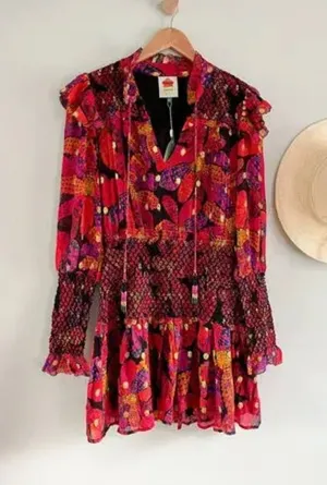 Farm Rio‎ | NWT Heart Daisy Smocked Mini Dress Floral Long Sleeve | Sz XS thumbnail 1