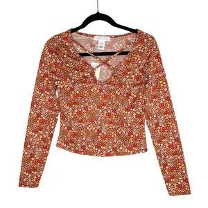 Planet Gold Floral Long Sleeve Criss Cross Crop Top Burnt Henna Medium Bohemian thumbnail 1