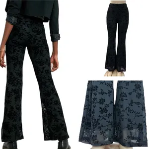 Source Unknown Black Mesh Floral Velvet Fully Lined High Waist Flare Stretch Pants Womens Small thumbnail 5