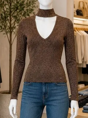Guess Womens Sweater Lexie Lurex Metallic Cutout Mock Neck Copper XS thumbnail 1