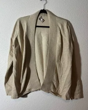 Chico's Size 2 (Large) Beige Gold Metallic Open-Front Cardigan Shimmer Knit thumbnail 1