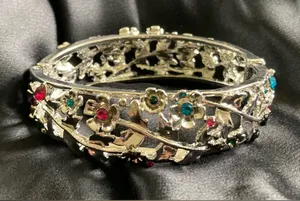 Silver Floral Bangle Bracelet w/ Pink, Green and Teal Crystal Accents thumbnail 1