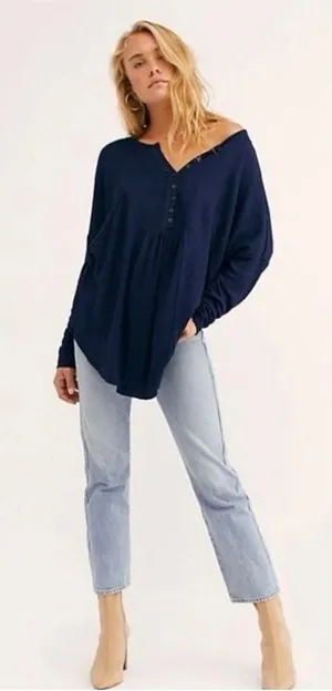 Free People Navy Blue Long Sleeve Button-Up Tunic Top Size Medium thumbnail 1