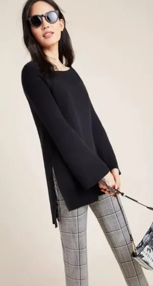 Anthropologie Elise Ribbed Black High-low Hem Off Shoulder Tunic Sweater Medium thumbnail 1