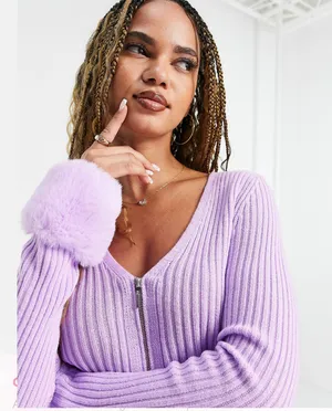 Fur Trimmed Cardigan Lilac thumbnail 3