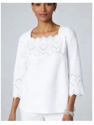 EUC J. Jill White 100% Cotton Eyelet Square-Neck Tunic Top Size Small thumbnail 1