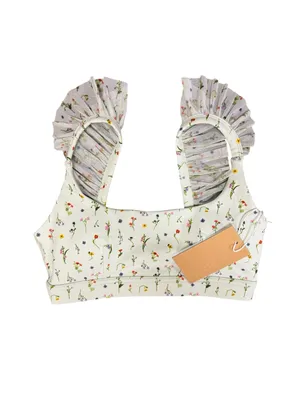 POPFLEX Romance Mesh Ruffle Sports Bra Meadow Floral Print Green XS NEW NWT thumbnail 6