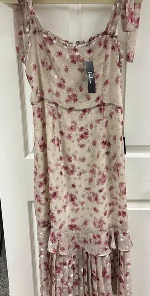 Lulu's Beige Midi Dress with Rose Pink Floral Print thumbnail 1