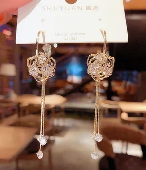 Women's Crystal Rose Flower Tassel Dangle Drop Earrings thumbnail 1