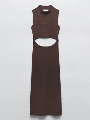Zara Brown Cutout Dress ribbed fitted casual evening date midi thumbnail 4