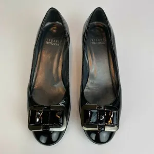 Stuart‎ Weitzman Wedge Heels 5.5 Black Patent Leather Silver Bow Office Career thumbnail 6