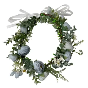 Dusty Blue Floral Crown Flower Halo Adjustable Ribbon Wedding Festival Boho‎ thumbnail 2
