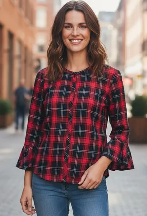 Beach lunch lounge Plaid ladies Shirt - Red and Black buffalo plaid thumbnail 1