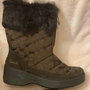Coach monogram fur trim mid calf boots. thumbnail 1