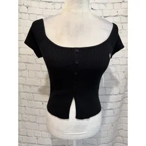 NWT PAC SUN LA Hearts Black Off-The-Shoulder Button Front Sweater Size XS thumbnail 2