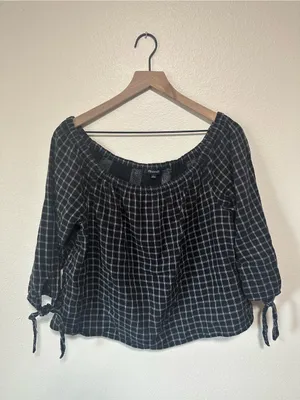 🖤Madewell Black and White Plaid Off-Shoulder Blouse thumbnail 4