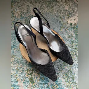 Vintage Y2K NOS Stuart Weitzman black lace slingback kitten heels, size 6.5M thumbnail 2