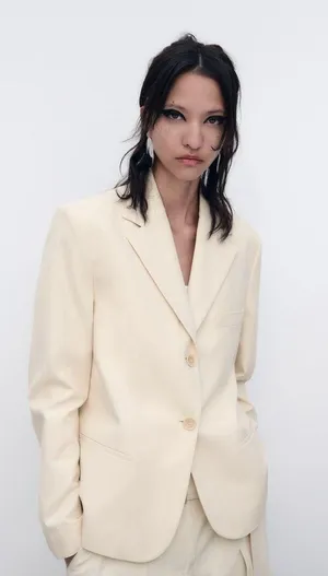 ZARA blazer cotton casual boyfriend relaxed mom classic beige thumbnail 4