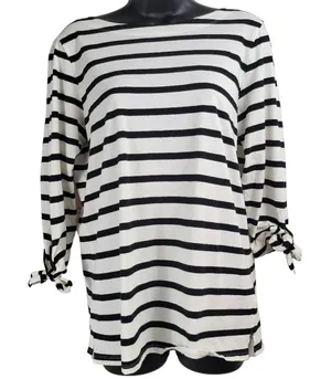 Old Navy Women's Black White‎ Striped Boat Neck Tie Sleeve Shirt Size M Cotton thumbnail 1