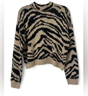 SheIn Women’s Zebra Stripe Sweater Medium Drop Shoulder Long Sleeve Tan Black Acrylic thumbnail 1