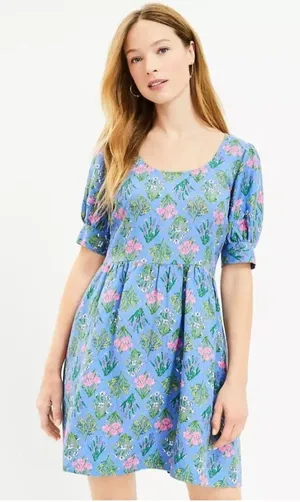 LOFT Women’s 2 Floral Babydoll Dress Blue Linen Blend Scoop‎ Neck Puff Sleeve thumbnail 1