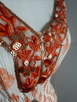 Me 2 Magic Boho Maxi Dress Orange White Embroidered V-Neck Fringe. thumbnail 10