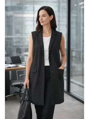 Eileen Fisher Black Rainfall Organic Cotton Textured Double Button Long Vest thumbnail 2