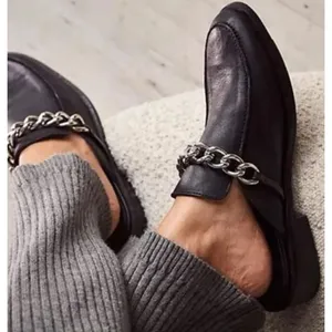 Free People Womens Leather Chain Slip-On Vida‎ Mule Loafers Black Size 37.5 thumbnail 3